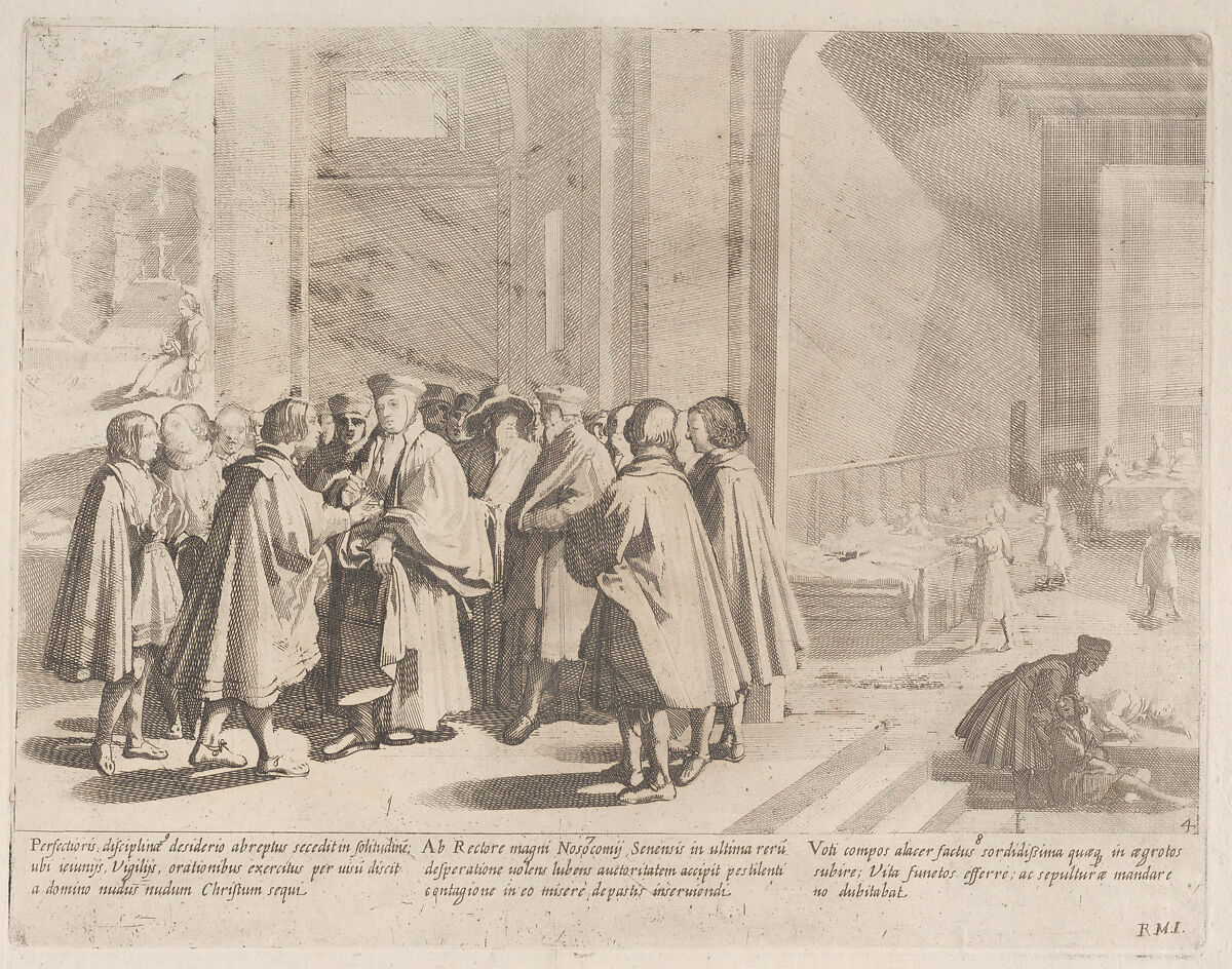 Episode 7: Sienese hospitals turn to the rector in desperation during an outbreak of disease; Episode 8: A terrible pestilence plagues Siena; Episode 9: Saint Bernardino withdraws to hold vigil and contemplate, from "The Life of Saint Bernardino of Siena", Bernardino Capitelli (Italian, Siena, 1590–1639), Etching 