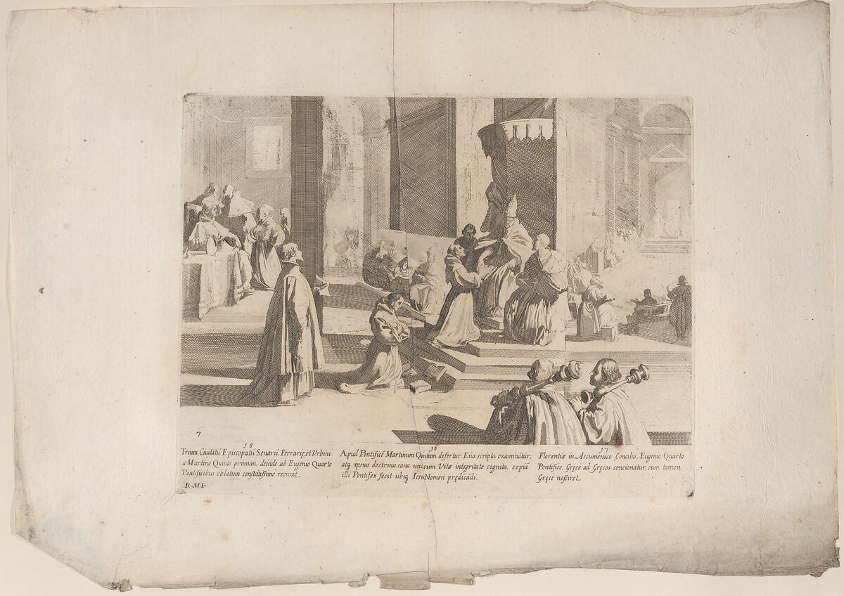 Episode 16: Saint Bernardino before Pope Martin V; Episode 17: An ecumenical council meets in Florence; Episode 18: Saint Bernardino objects to the "Trium" of citizens, episcopates, and senators, from "The Life of Saint Bernardino of Siena", Bernardino Capitelli (Italian, Siena, 1590–1639), Etching 