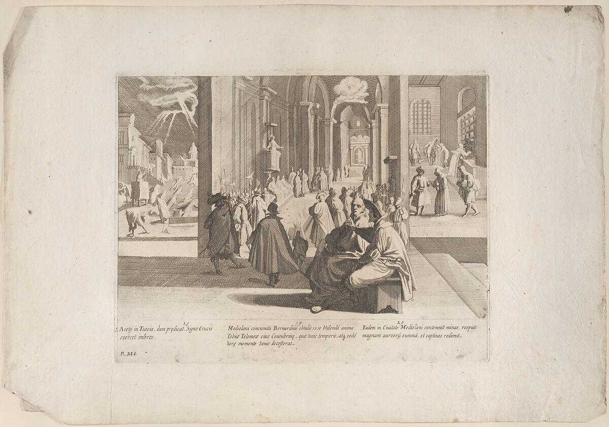 Episode 19: Saint Bernardino's cousin's soul appears to him at her death, while he is preaching; Episode 20: Saint Bernardino aids those held captive; Episode 21: Saint Bernardino reforms the wicked, from "The Life of Saint Bernardino of Siena", Bernardino Capitelli (Italian, Siena, 1590–1639), Etching 
