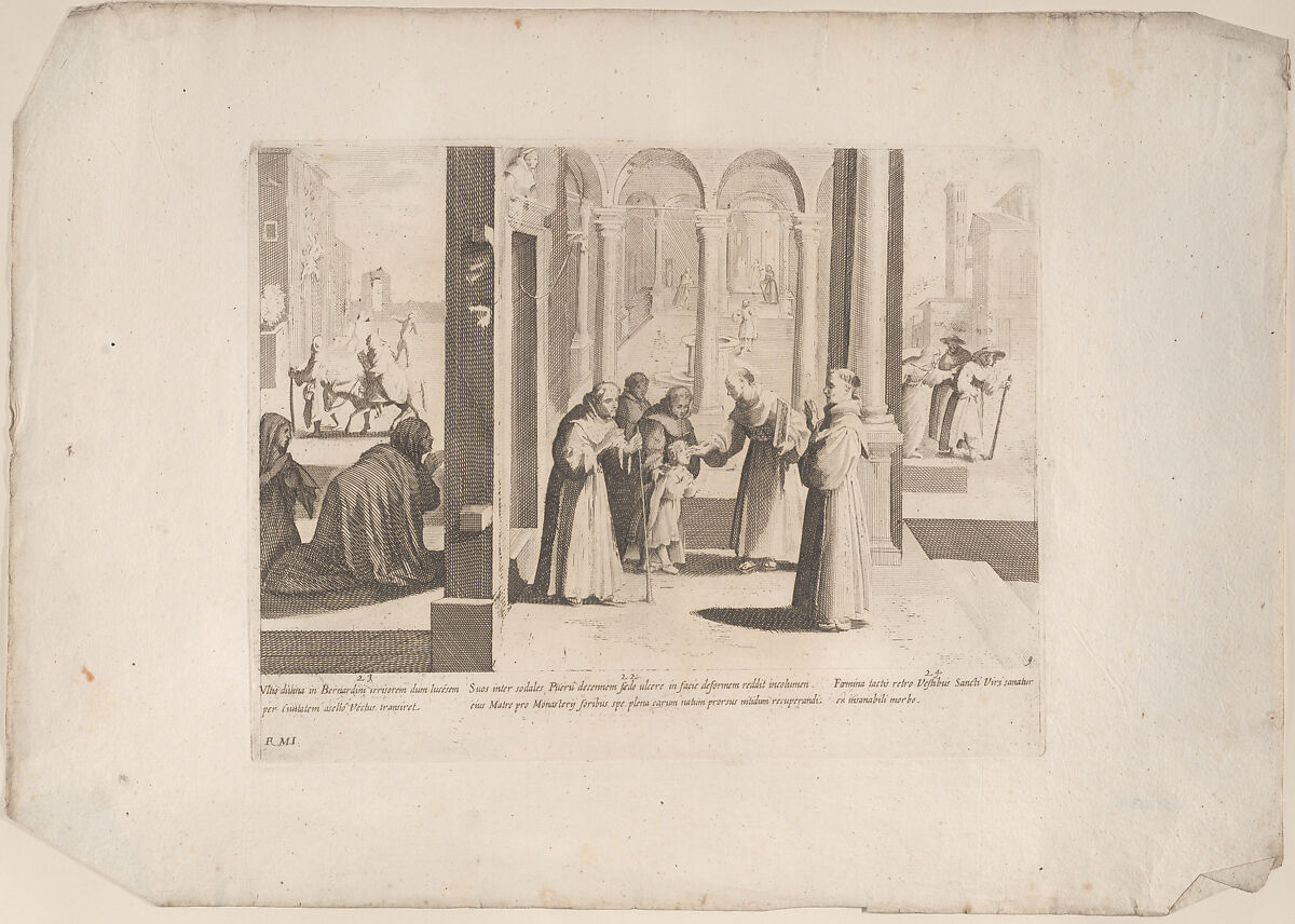 Episode 22: Saint Bernardino heals a boy with a facial sore; Episode 23: The people make daily supplication to Saint Bernardino; Episod e24: Saint Bernardino cures a diseased woman, from "The Life of Saint Bernardino of Siena", Bernardino Capitelli (Italian, Siena, 1590–1639), Etching 