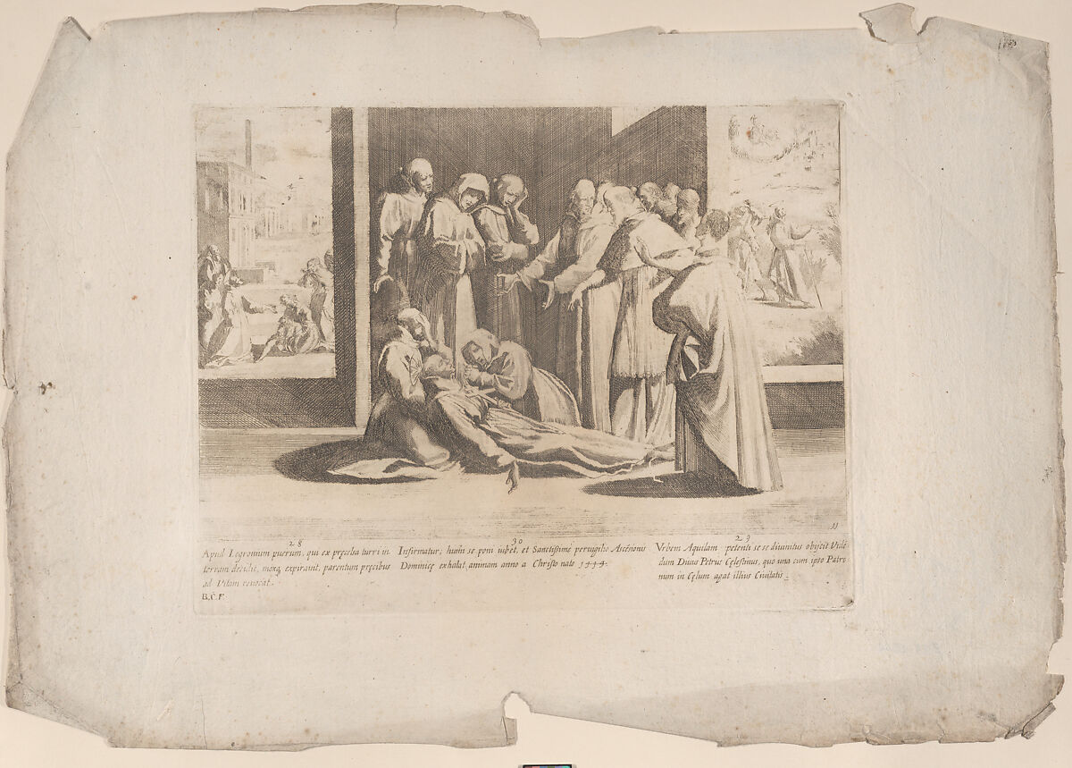 Episode 28: At Logronium Saint Bernardino brings an injured boy back to life; Episode 29: Saint Peter appears to Saint Bernardino on the road to Rome; Episode 30: Saint Bernardino falls ill and dies in 1444, from "The Life of Saint Bernardino of Siena", Bernardino Capitelli (Italian, Siena, 1590–1639), Etching 