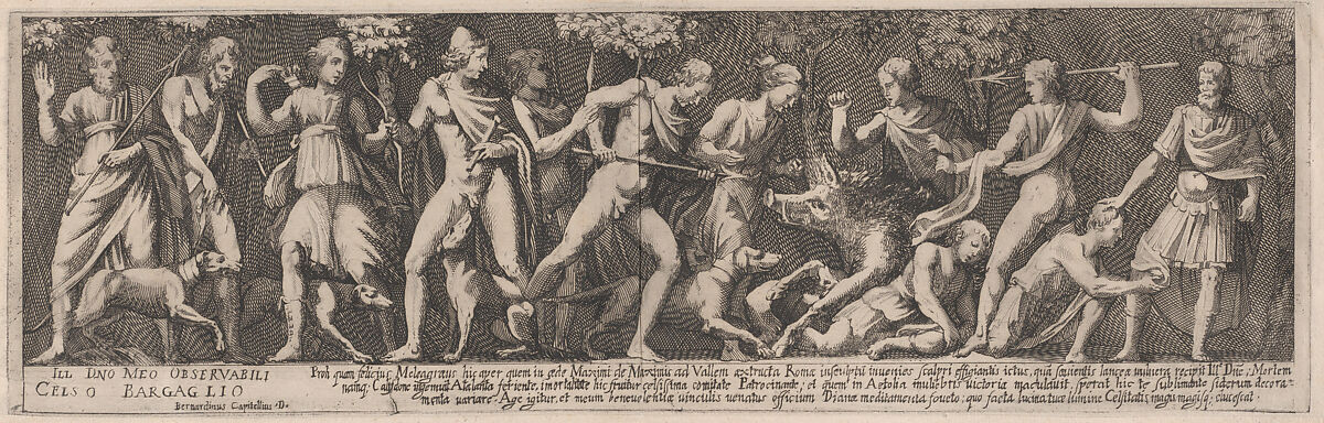 Meleager hunts the wild boar of Caledon, Bernardino Capitelli (Italian, Siena, 1590–1639), Etching 