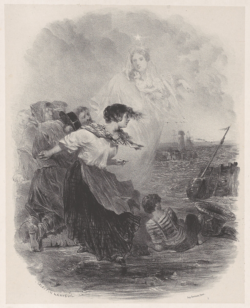 Woman by the Sea with the Madonna, Pointing to a Ship, Célestin Nanteuil (French (born Italy), Rome 1813–1873 Bourron-Marlotte), Lithograph 