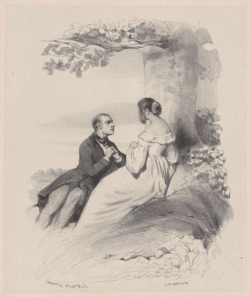Man Proposing to a Woman whose Face is Hidden by Hair, Célestin Nanteuil (French (born Italy), Rome 1813–1873 Bourron-Marlotte), Lithograph 