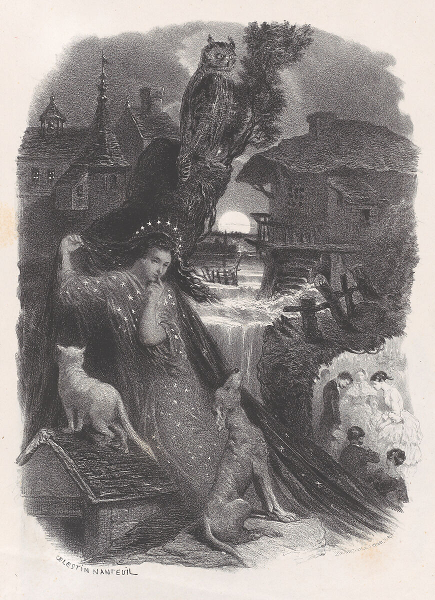 Night; vignette of girl in 18th century costume picking roses on verso, Célestin Nanteuil (French (born Italy), Rome 1813–1873 Bourron-Marlotte), Lithograph 
