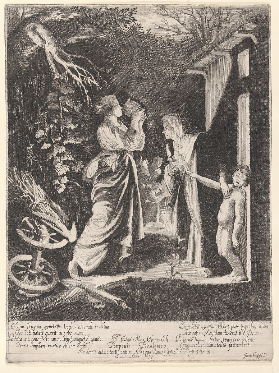 The Mocking of Ceres: a nocturnal scene with Ceres drinking from a jug of water given to her by Stellio at right, Bernardino Capitelli (Italian, Siena, 1590–1639), Etching 