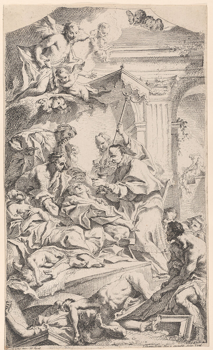 Saint Charles giving communion to the plague-stricken, Carlo Innocenzo Carloni (Italian, Scaria 1686–1775 Scaria), Etching; second state of two 