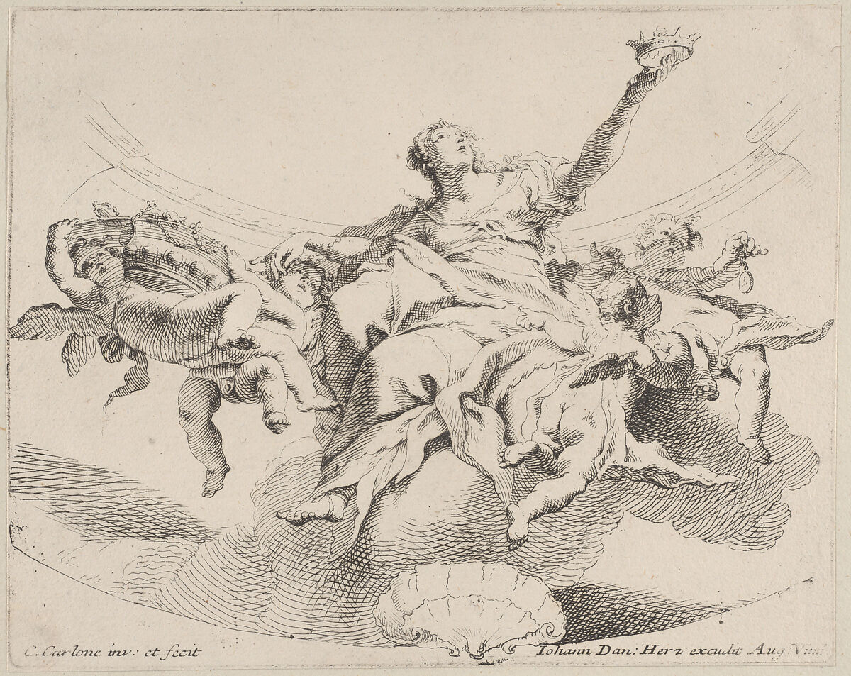 Power, represented by a woman seated on clouds holding a crown and surrounded by putti, Carlo Innocenzo Carloni (Italian, Scaria 1686–1775 Scaria), Etching; first state of two 