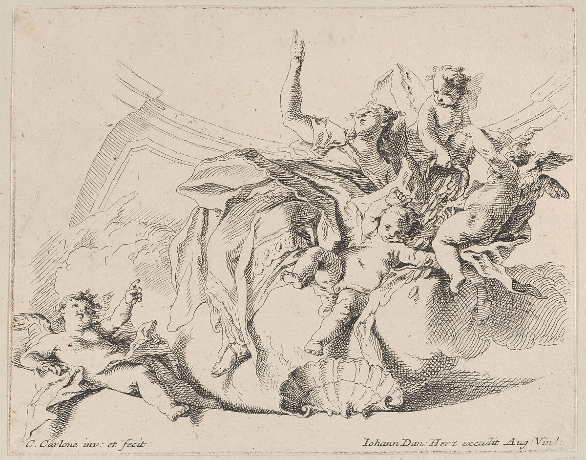 Wealth, represented by a woman seated on clouds and surrounded by putti, one of whom is pouring coins, Carlo Innocenzo Carloni (Italian, Scaria 1686–1775 Scaria), Etching; first state of two 