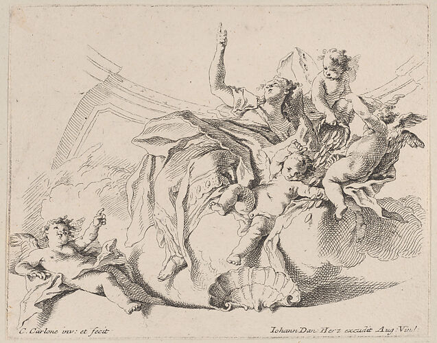 Wealth, represented by a woman seated on clouds and surrounded by putti, one of whom is pouring coins