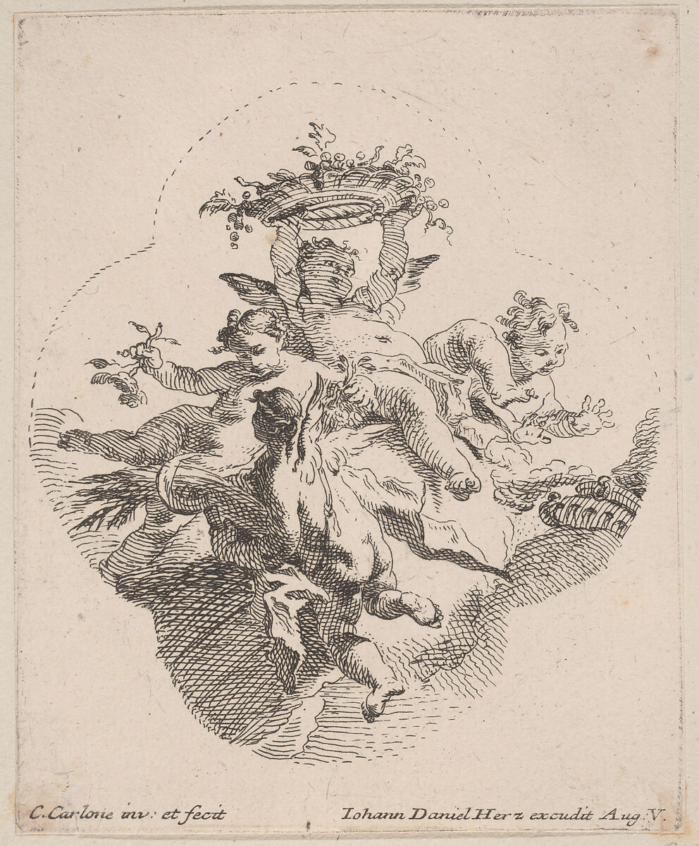 Putti holding flowers, Carlo Innocenzo Carloni (Italian, Scaria 1686–1775 Scaria), Etching; first state of two 