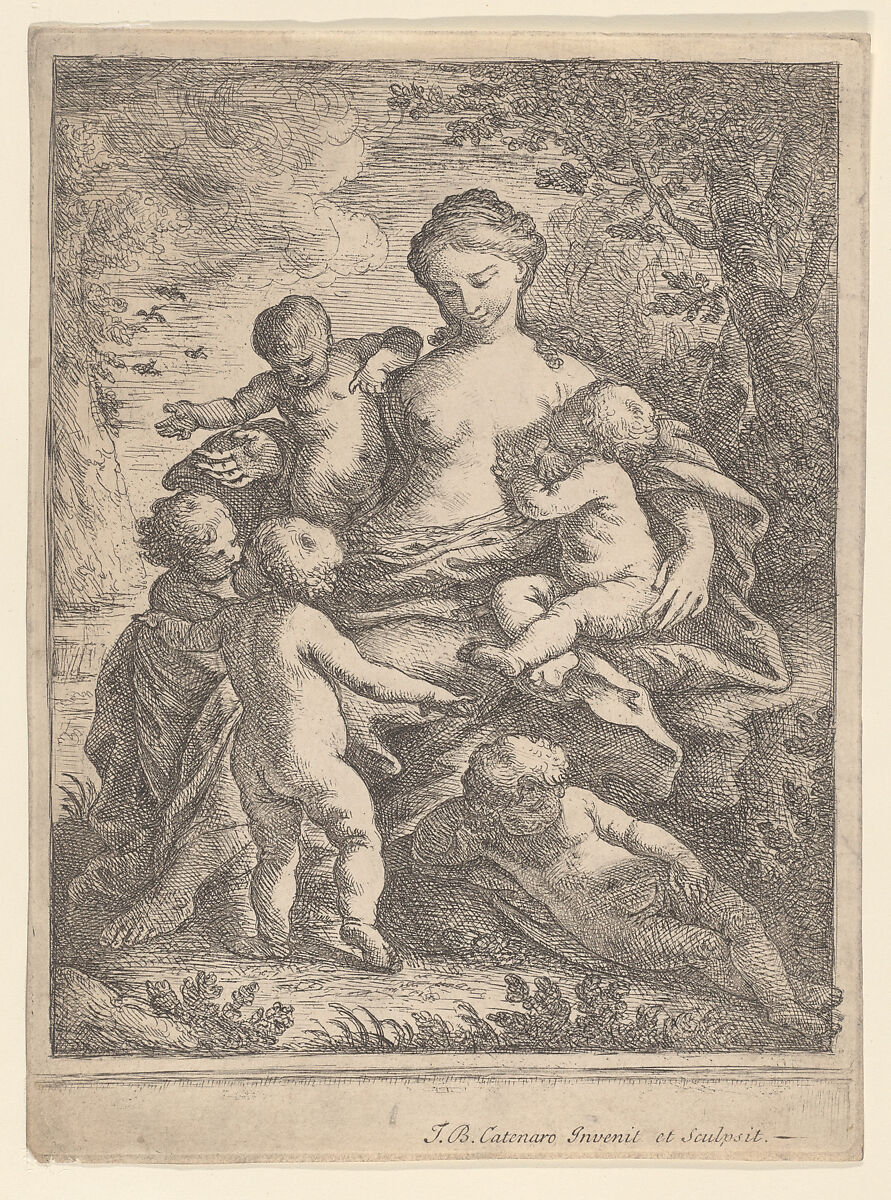 Charity, seated in a landscape surrounded by five nude children, Giovanni Battista Catenaro (Italian, active Spain and England, 1692–1727), Etching 