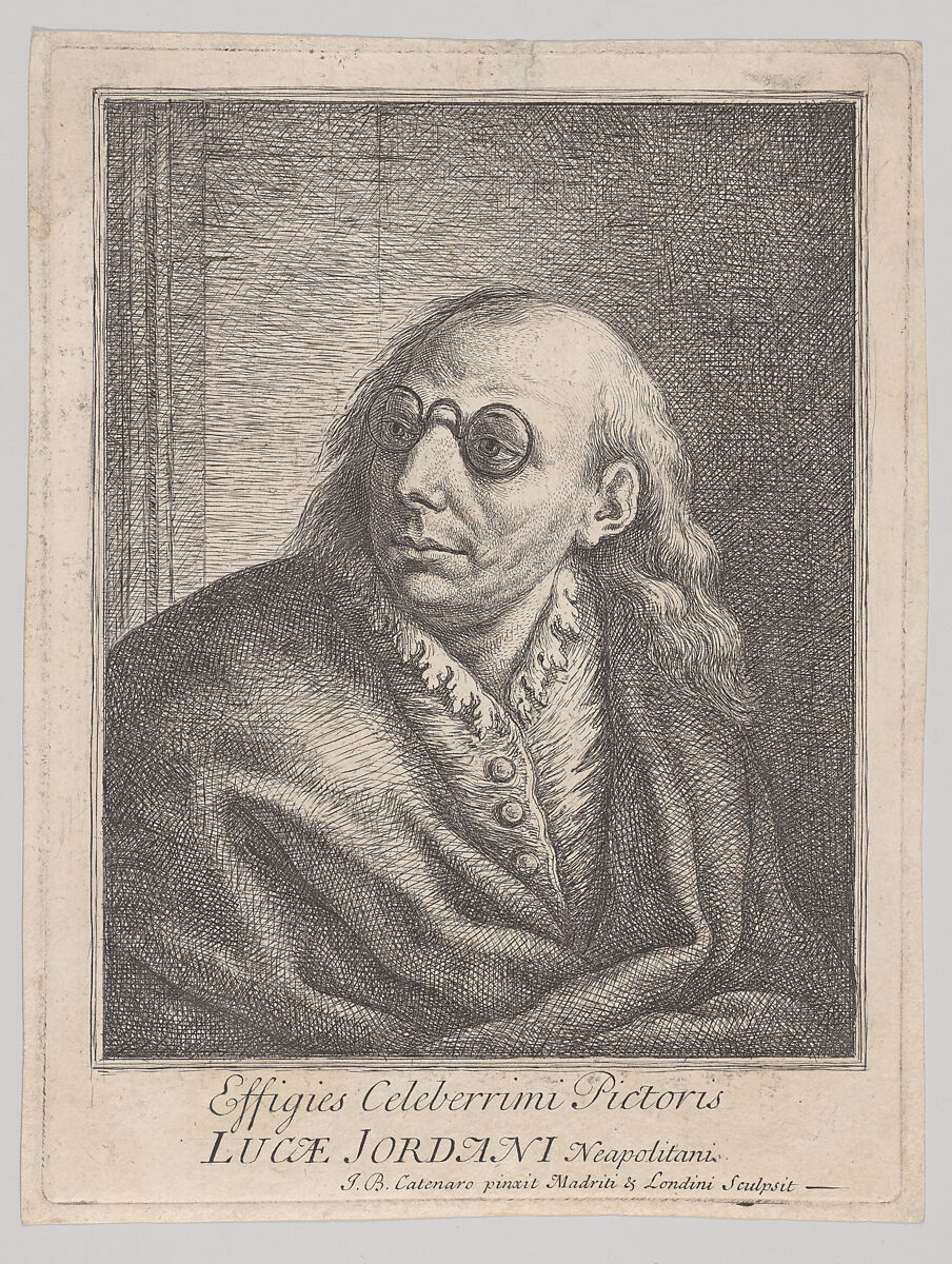 Portrait of Luca Giordano, wearing round spectacles and looking to the left, Giovanni Battista Catenaro (Italian, active Spain and England, 1692–1727), Etching 