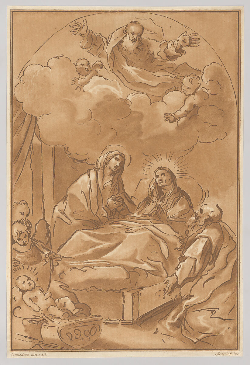 The Death of Saint Anne, Andrea Scacciati (Italian, 1725–1771), Etching with brown wash 