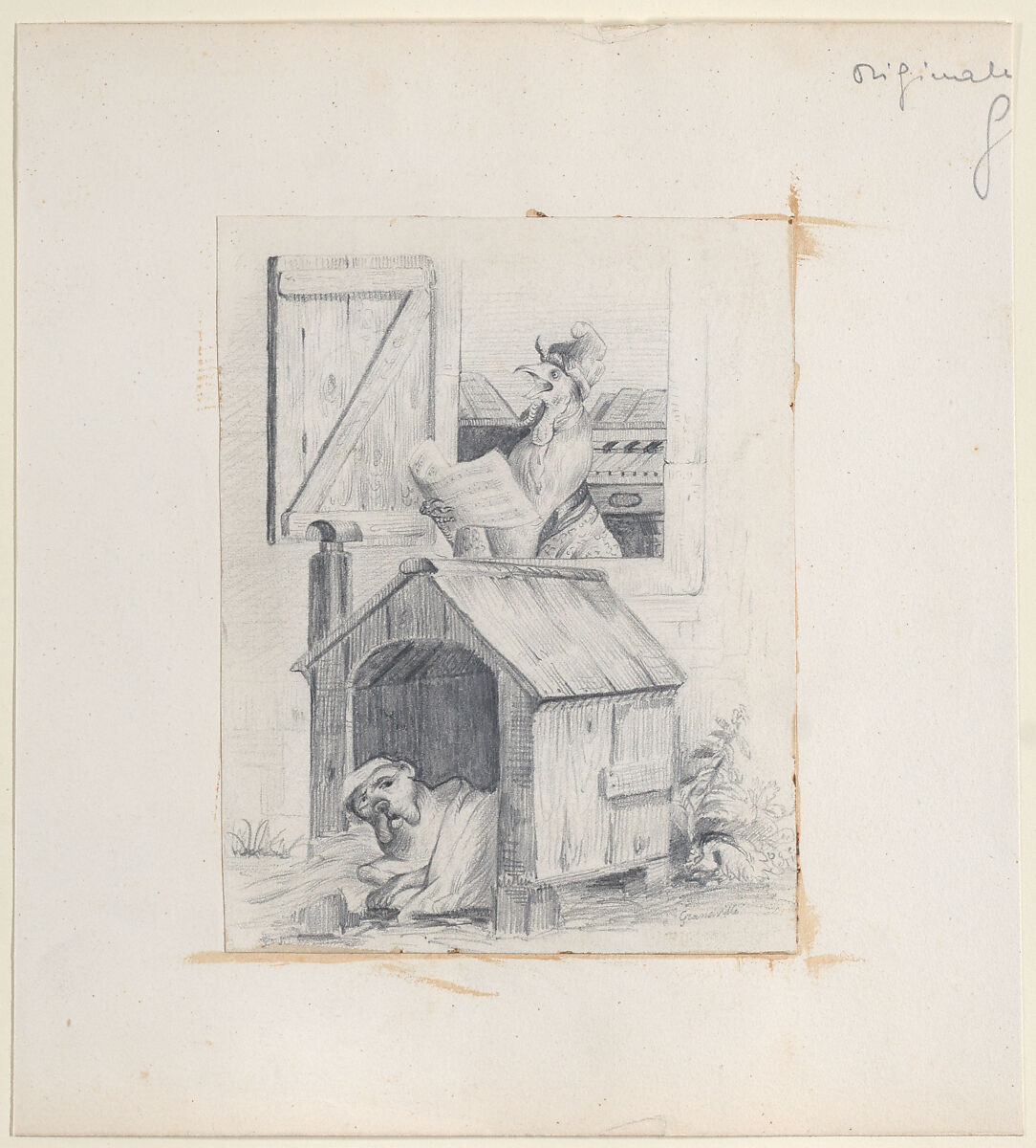 Dog in doghouse; cock singing at window, J. J. Grandville (French, Nancy 1803–1847 Vanves), Graphite 