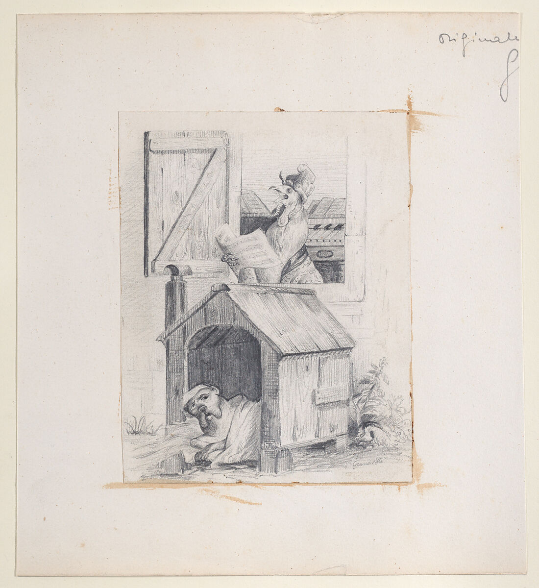 Dog in doghouse; cock singing at window, J. J. Grandville (French, Nancy 1803–1847 Vanves), Graphite
