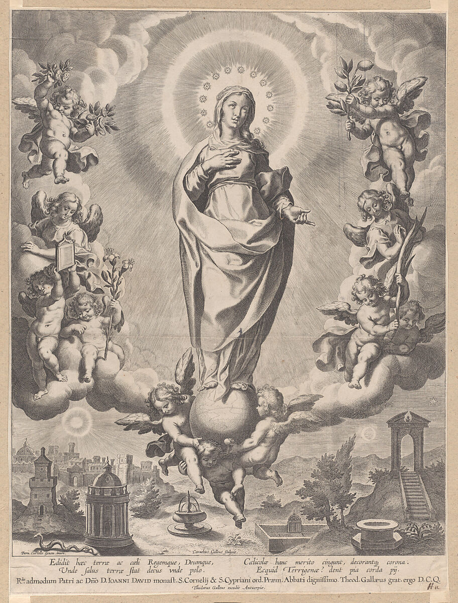 The Virgin in Glory, standing on clouds and surrounded by angels holding the symbols of the Immaculate Conception, Cornelis Galle I (Netherlandish, Antwerp 1576–1650 Antwerp), Engraving 
