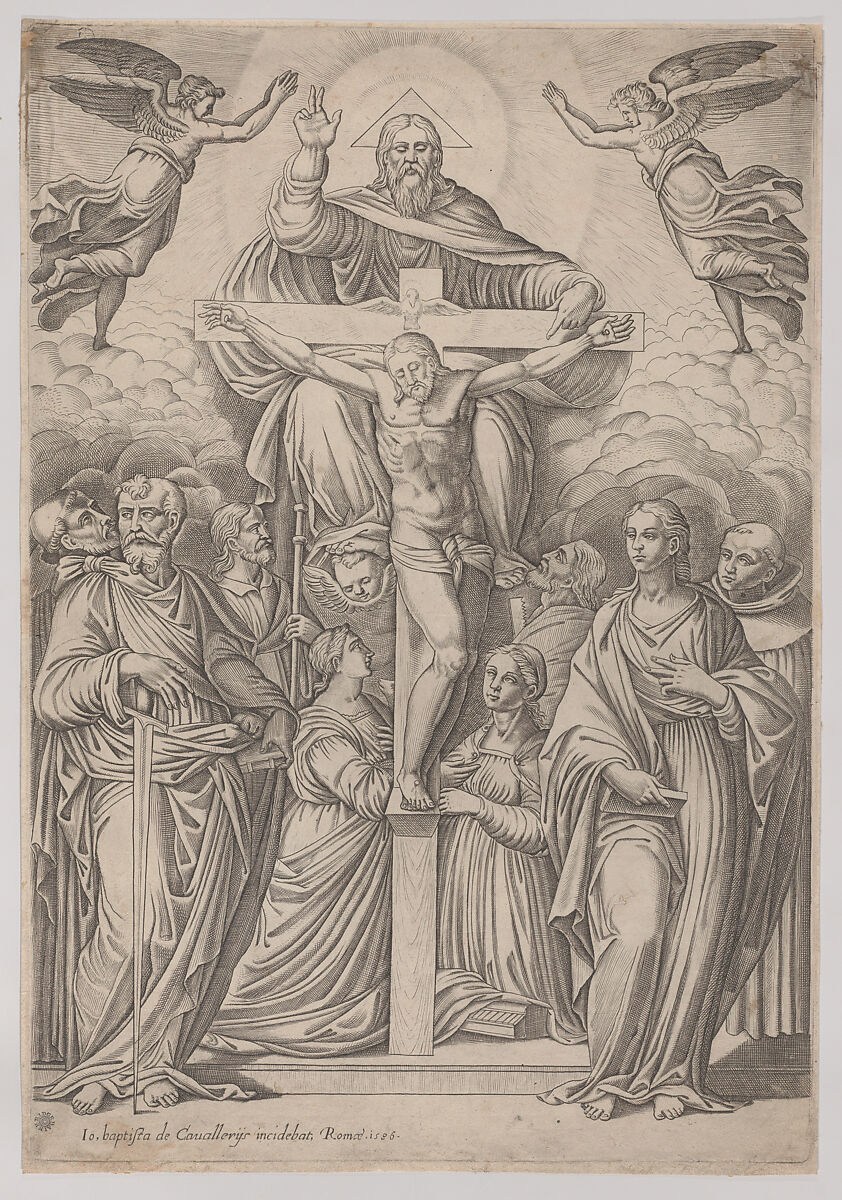 The Trinity, with the crucifixion at center and saints to both sides, Giovanni Battista Cavalieri (Italian, near Trent ca. 1525–1601 Rome), Engraving 