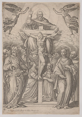 The Trinity, with the crucifixion at center and saints to both sides