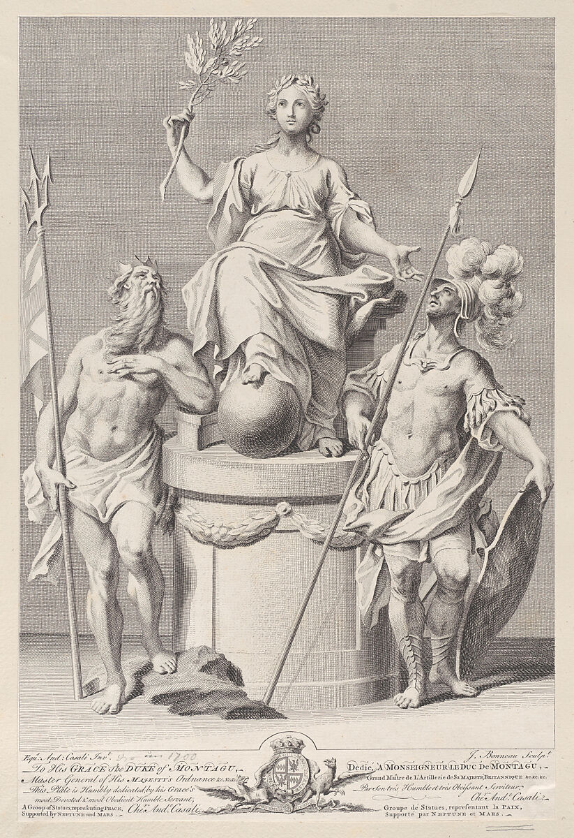 Group of statues represnting Peace, supported by Neptune and Mars, Jacob Bonneau (British (born France), active ca. 1741–86), Engraving 