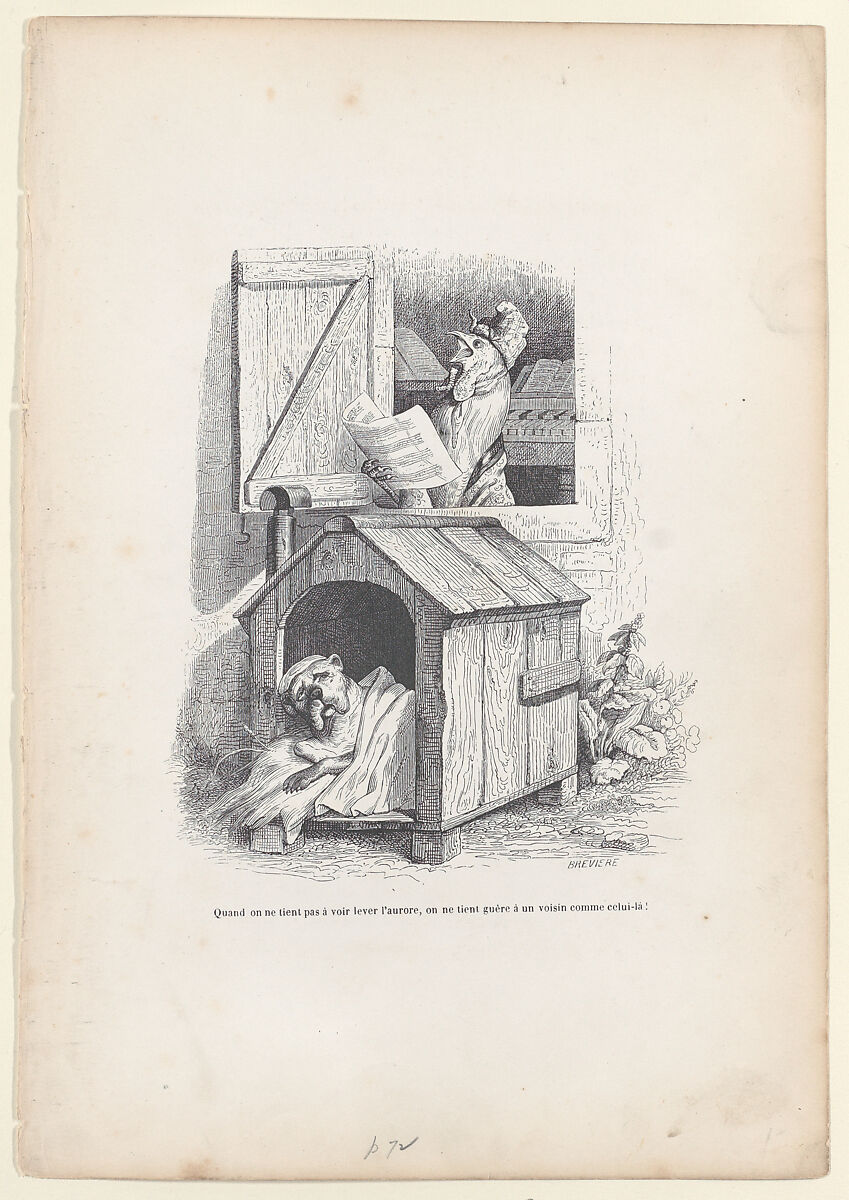 When we do not want to see the dawn rise, we do not care about a neighbor like that!, from "Scenes from the Private and Public Life of Animals", J. J. Grandville (French, Nancy 1803–1847 Vanves), Engraving 