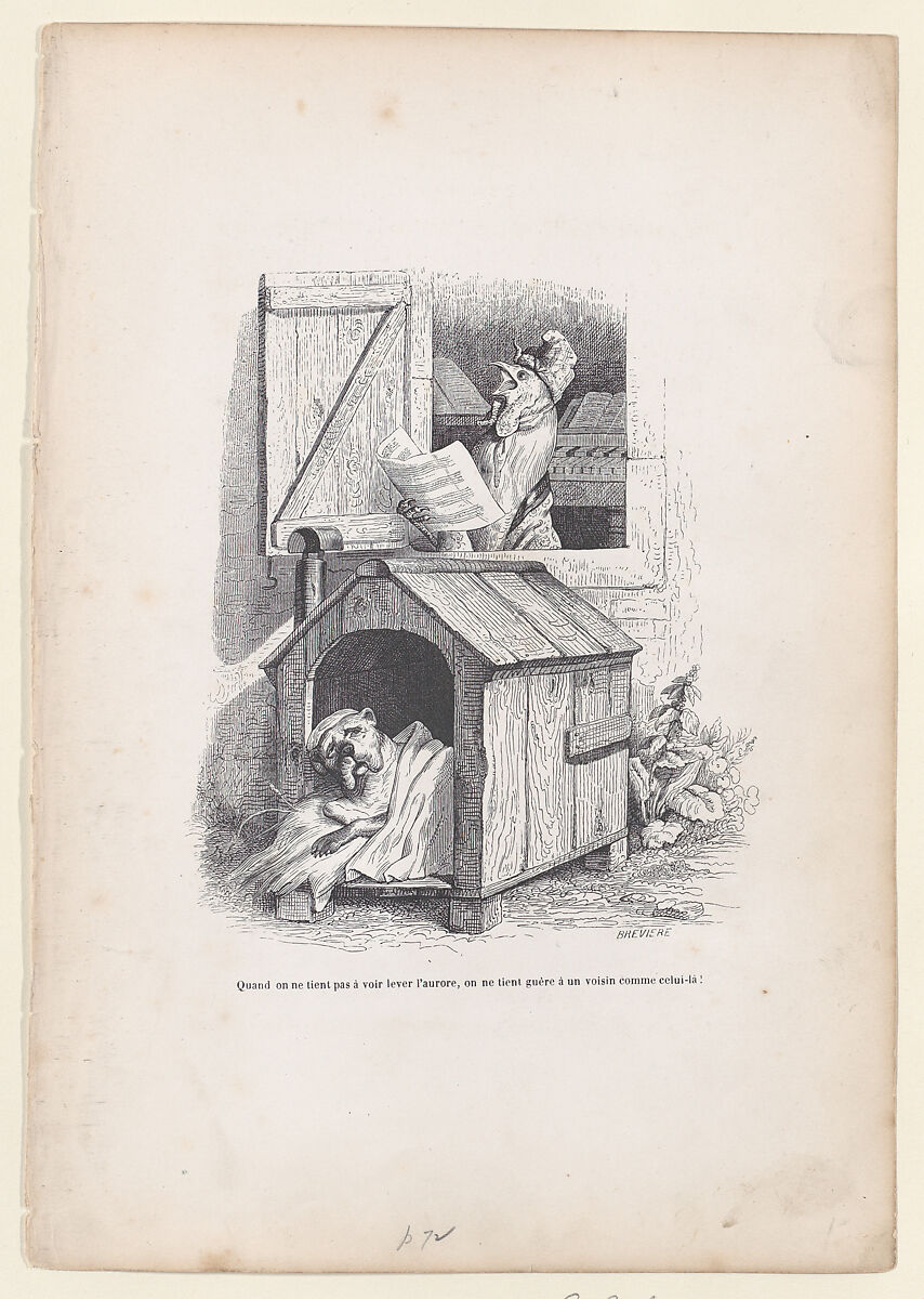 When we do not want to see the dawn rise, we do not care about a neighbor like that!, from "Scenes from the Private and Public Life of Animals", J. J. Grandville (French, Nancy 1803–1847 Vanves), Engraving