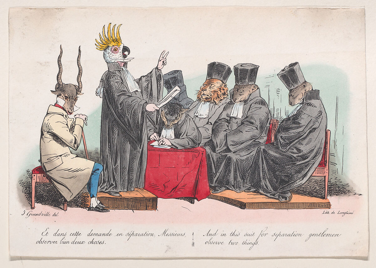 "And in this suit for seperation, gentlemen, observe two things" from Metamorphoses of the Day, J. J. Grandville (French, Nancy 1803–1847 Vanves), Hand-colored lithograph 