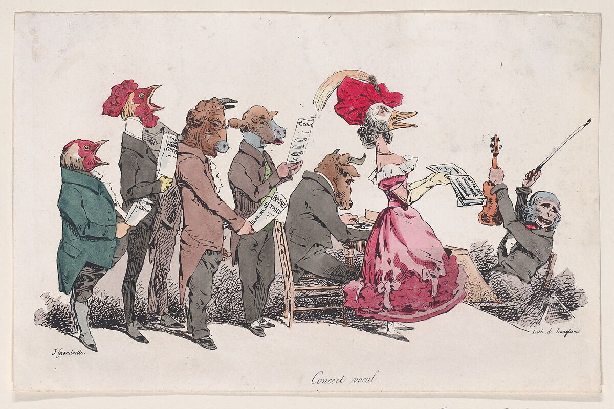 "Vocal Concert" from Metamorphoses of the Day, J. J. Grandville (French, Nancy 1803–1847 Vanves), Hand-colored lithograph 
