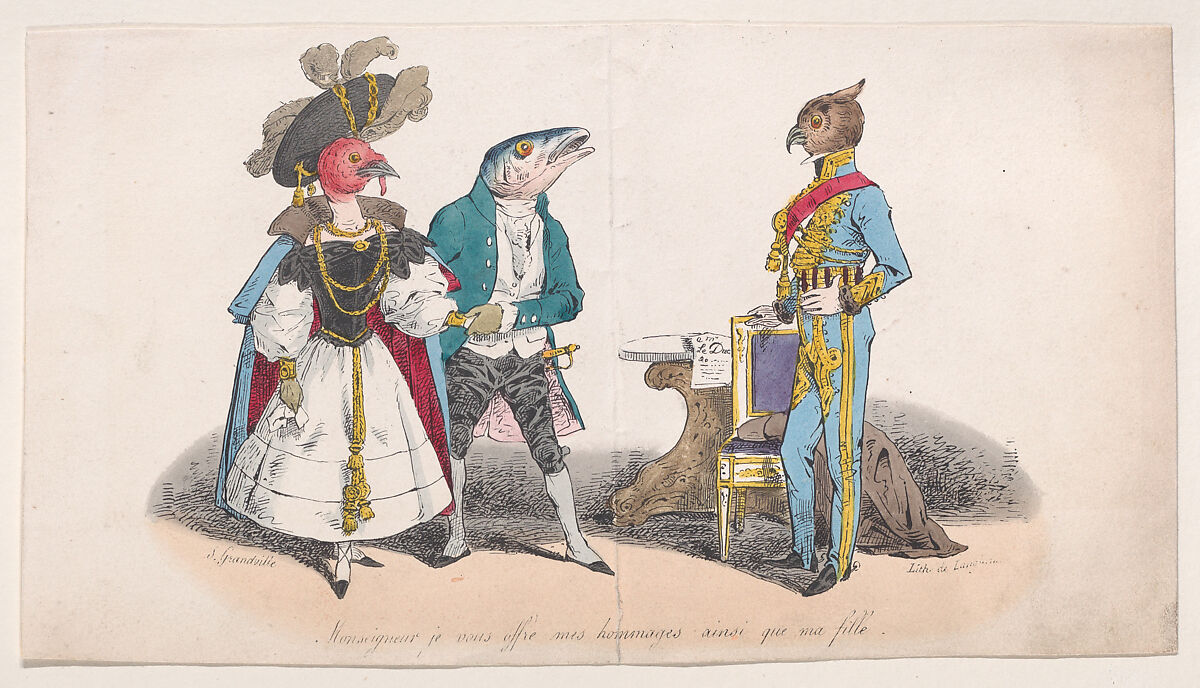"Sir, I offer you my respects and my daughter" from Metamorphoses of the Day, J. J. Grandville (French, Nancy 1803–1847 Vanves), Hand-colored lithograph 