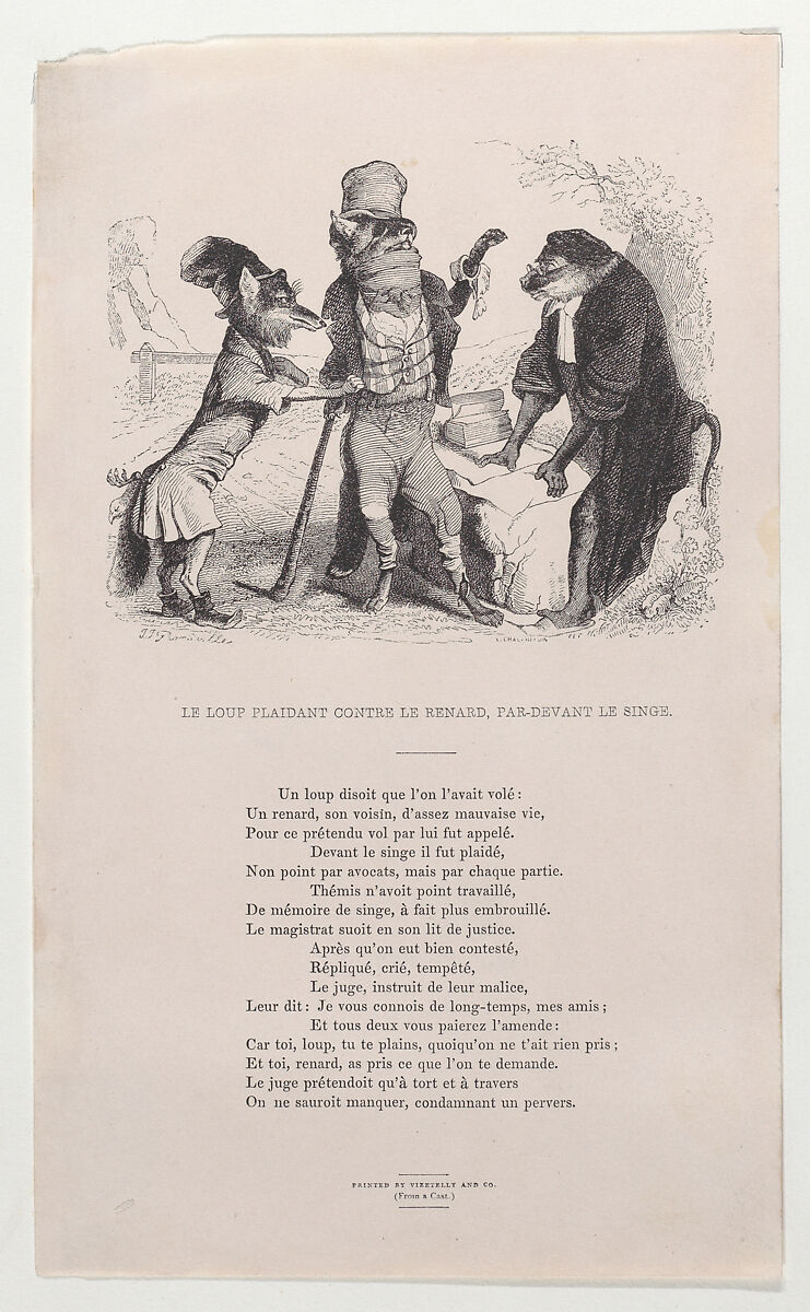 The Wolf pleading against the Fox, in front of the Monkey, J. J. Grandville (French, Nancy 1803–1847 Vanves), Etching 