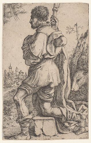 Saint Roch, kneeling on a stone, seen from the side with his dog behind him and a townscape in the background at left