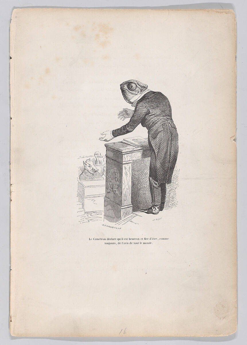 The Chameleon declares that he is happy and proud to be, as always, of the same opinion as everyone, from "Scenes from the Private and Public Life of Animals", J. J. Grandville (French, Nancy 1803–1847 Vanves), Wood engraving 