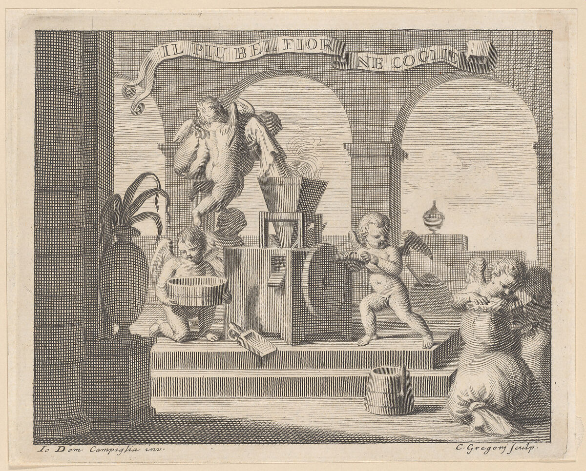 She gathers the fairest flower (Il più bel fior ne coglie), a group of six putti working together in an arched workshop, Carlo Gregori (Italian, Florence 1719–1759 Florence), Etching 