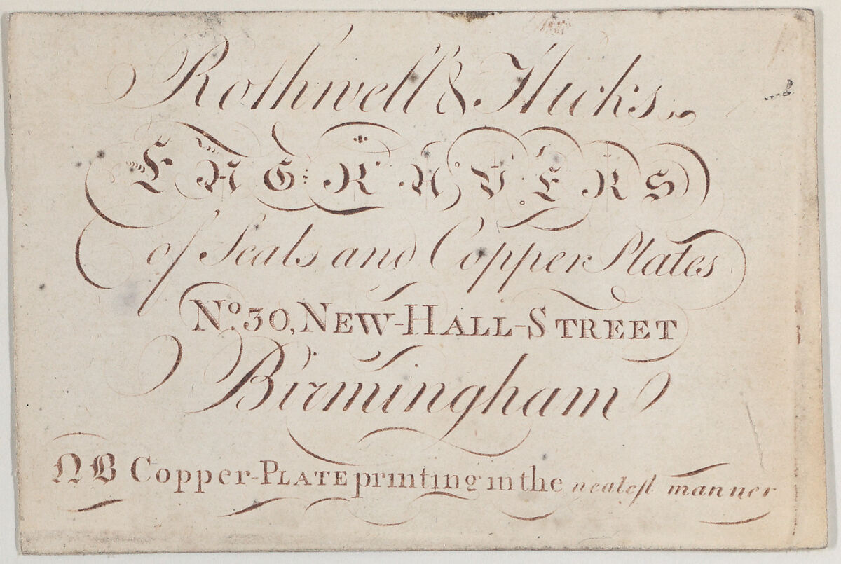 Trade Card for Rothwell & Hicks, engravers, Anonymous, British, 18th century, Engraving 