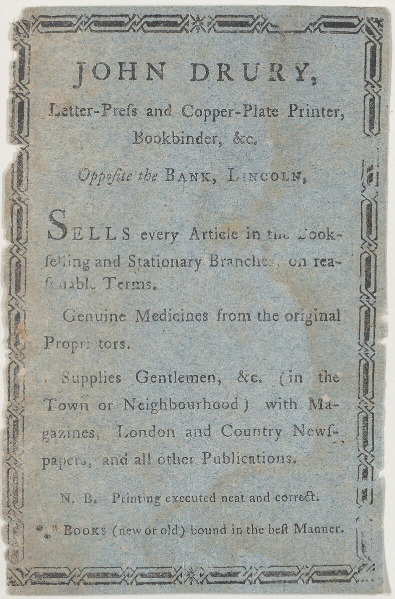 Anonymous, British, 18th century, Trade Card for John Drury, printer and  bookbinder