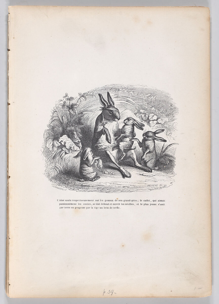 The oldest rabbit jumped respectfully on his grandfather's lap..., from "Scenes from the Private and Public Life of Animals", J. J. Grandville (French, Nancy 1803–1847 Vanves), Wood engraving 
