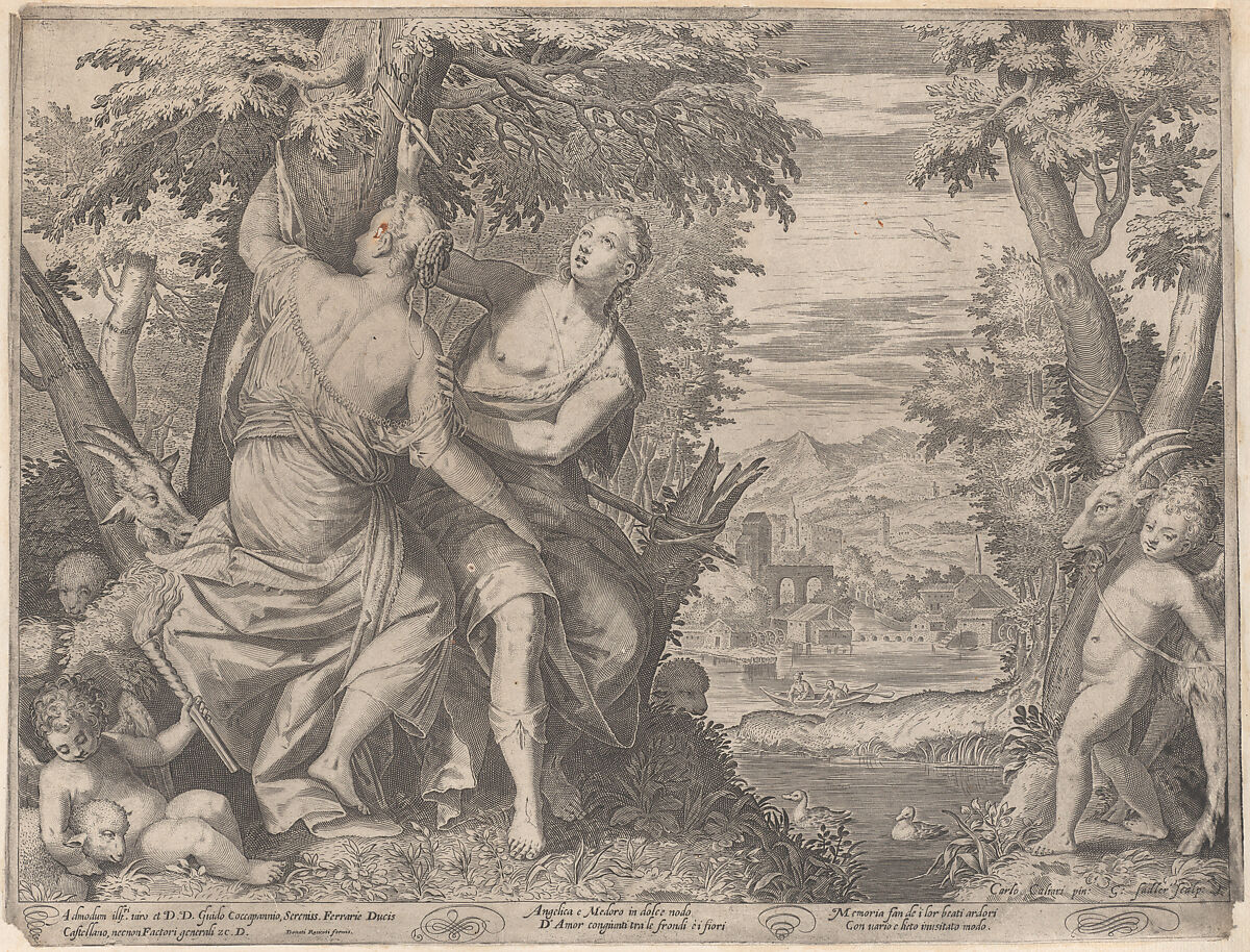 Angelica and Medoro; they stand next to a stream as Medoro carves their names into a tree, a putto is seated at left with a torch and another putto walks towards them with a goat, Aegidius Sadeler II (Netherlandish, Antwerp 1568–1629 Prague), Engraving 