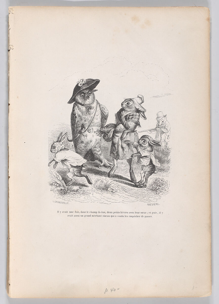 There was once, in the camp there, two little hares with their sister, and then there was also a big bad bird who wanted to stop them from passing, from "Scenes from the Private and Public Life of Animals", J. J. Grandville (French, Nancy 1803–1847 Vanves), Wood engraving 