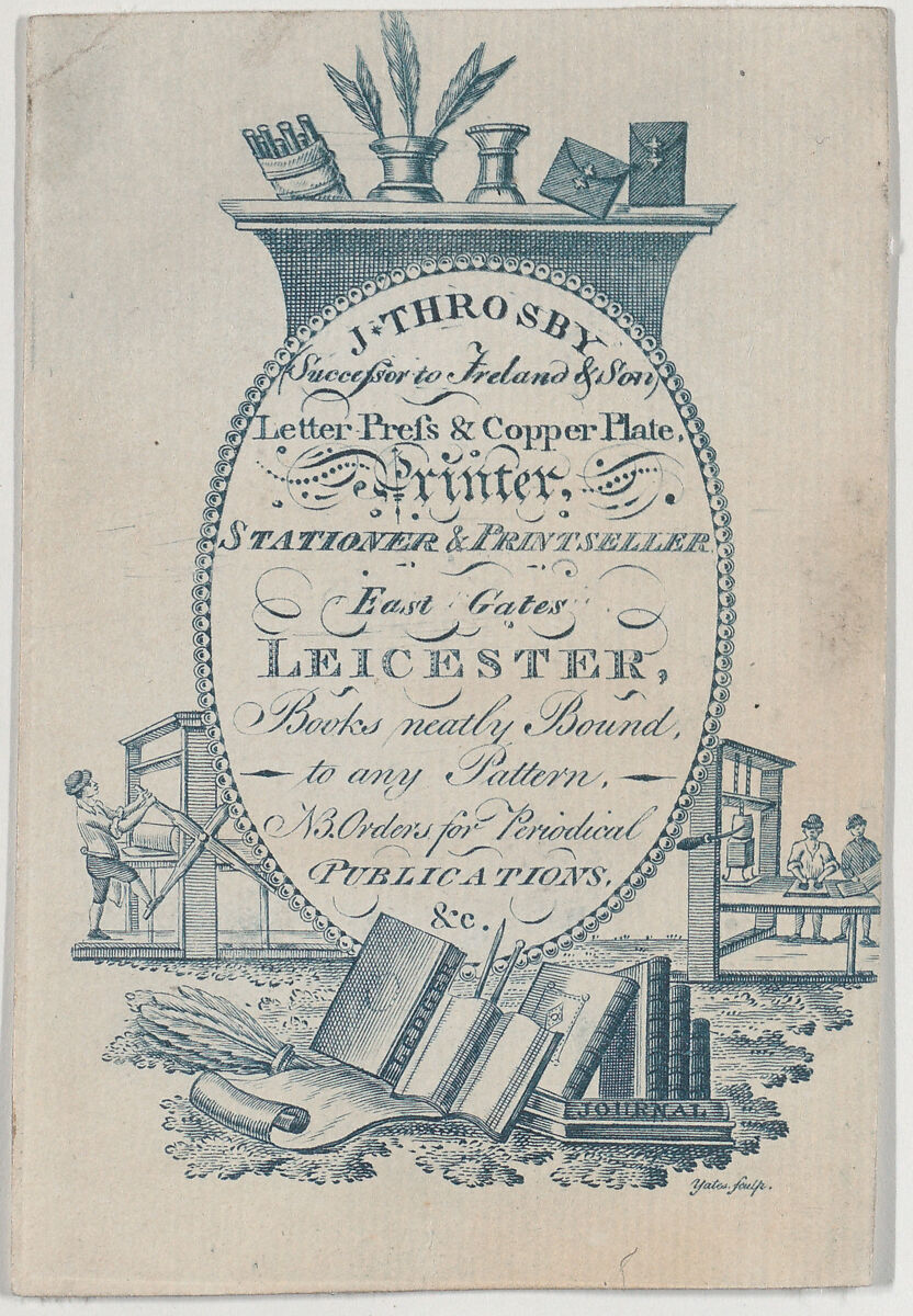 Trade Card for J. Throsby, printer, stationer and printseller, Anonymous, British, 18th century, Engraving 