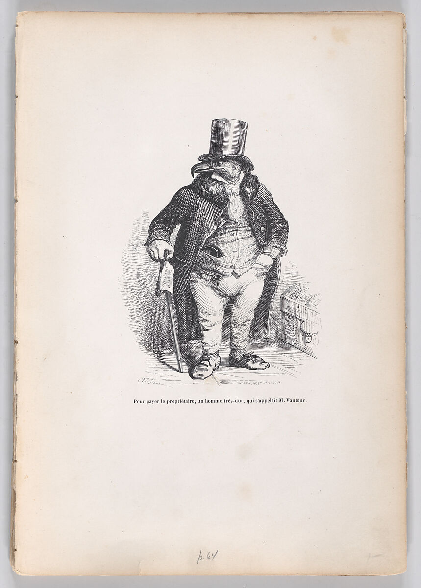 To pay the landlord, a very harsh man, whose name was M. Vautour, from "Scenes from the Private and Public Life of Animals", J. J. Grandville (French, Nancy 1803–1847 Vanves), Wood engraving 