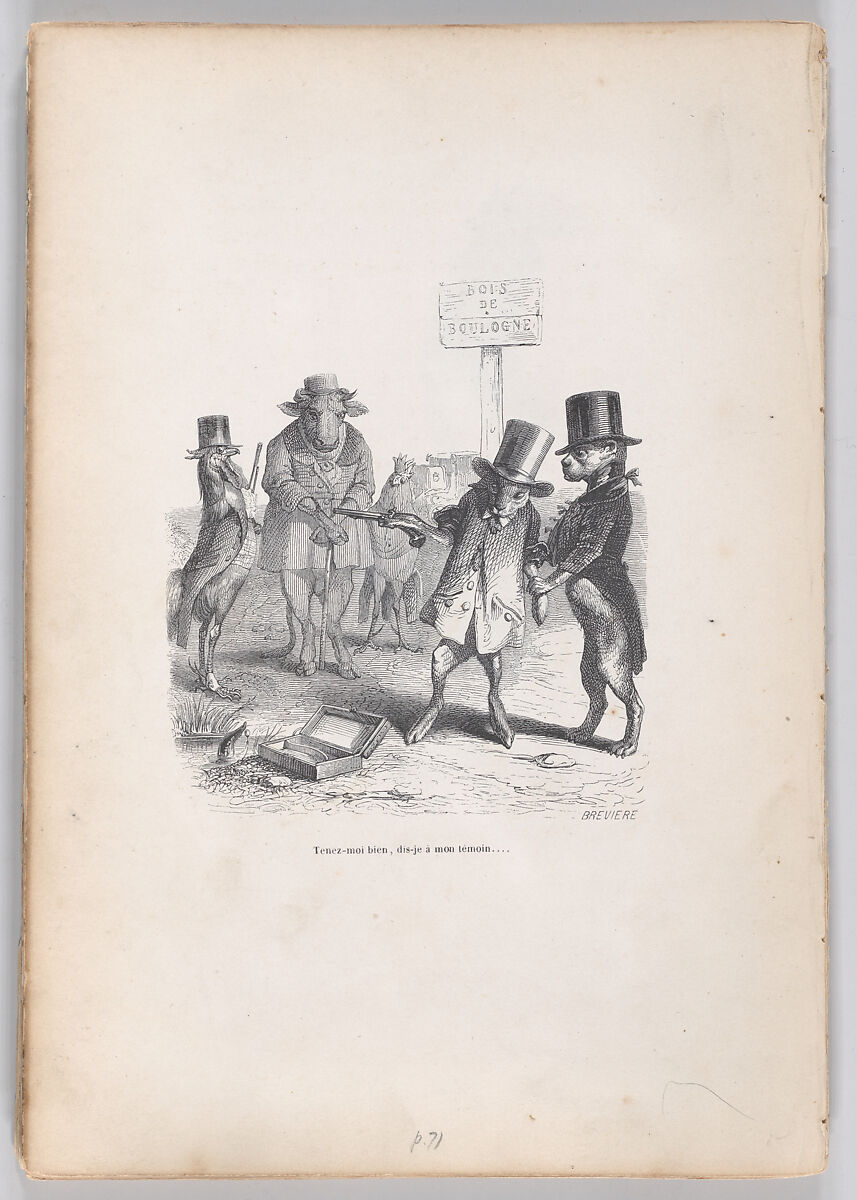 Hold on to me, I am telling my witness..., from "Scenes from the Private and Public Life of Animals", J. J. Grandville (French, Nancy 1803–1847 Vanves), Wood engraving 