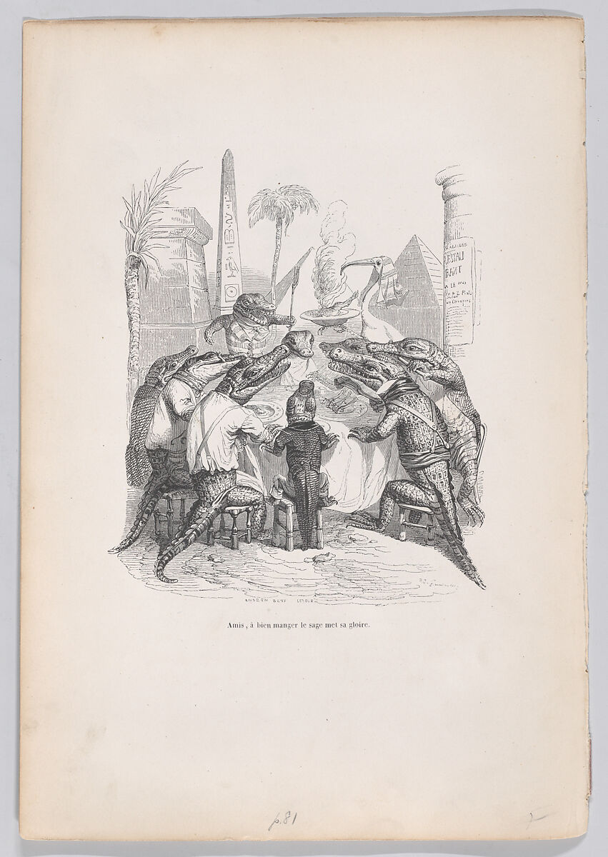 Friends, the wise one places his glory in eating well, from "Scenes from the Private and Public Life of Animals", J. J. Grandville (French, Nancy 1803–1847 Vanves), Wood engraving 