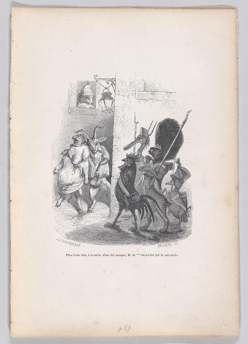 More than once, while leaving the masked ball Mr. de *** was arrested by the patrol officers, from "Scenes from the Private and Public Life of Animals", J. J. Grandville (French, Nancy 1803–1847 Vanves), Wood engraving 