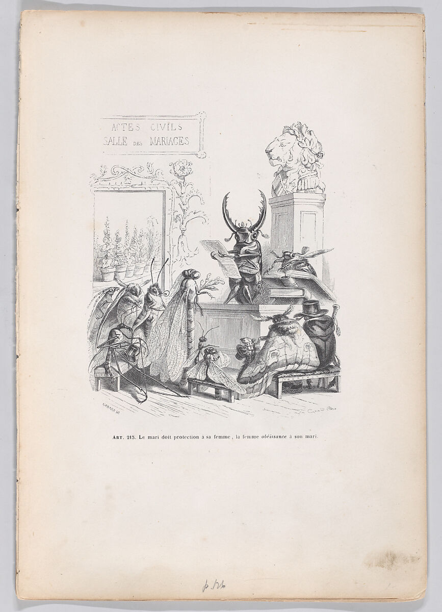 Article 231. The husband needs to protect his wife, the wife needs to obey her husband, from "Scenes from the Private and Public Life of Animals", J. J. Grandville (French, Nancy 1803–1847 Vanves), Wood engraving 