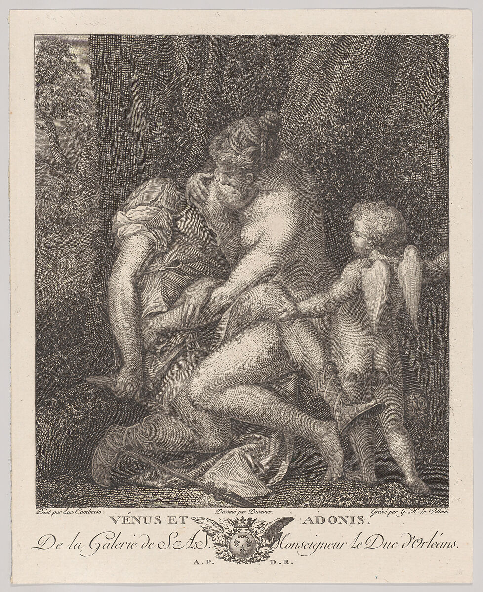 Venus mourning Adonis, seated beneath a tree and embracing him, with Cupid at right, Gérard René Le Vilain (French, Paris ca. 1740–1836 Paris), Engraving 