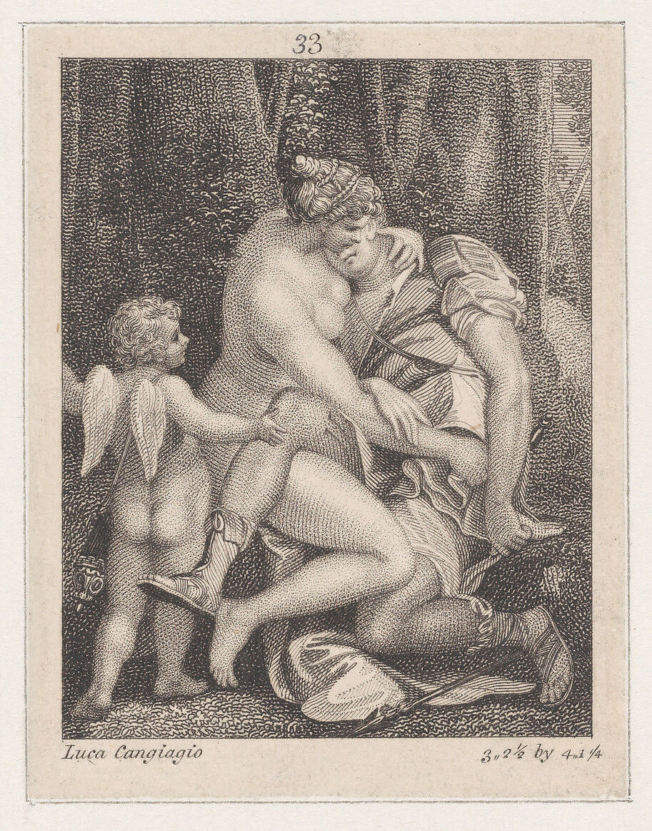 Venus mourning Adonis, seated beneath a tree and embracing him, with Cupid at left, Anonymous, Etching and stipple 
