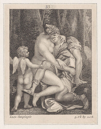 Venus mourning Adonis, seated beneath a tree and embracing him, with Cupid at left