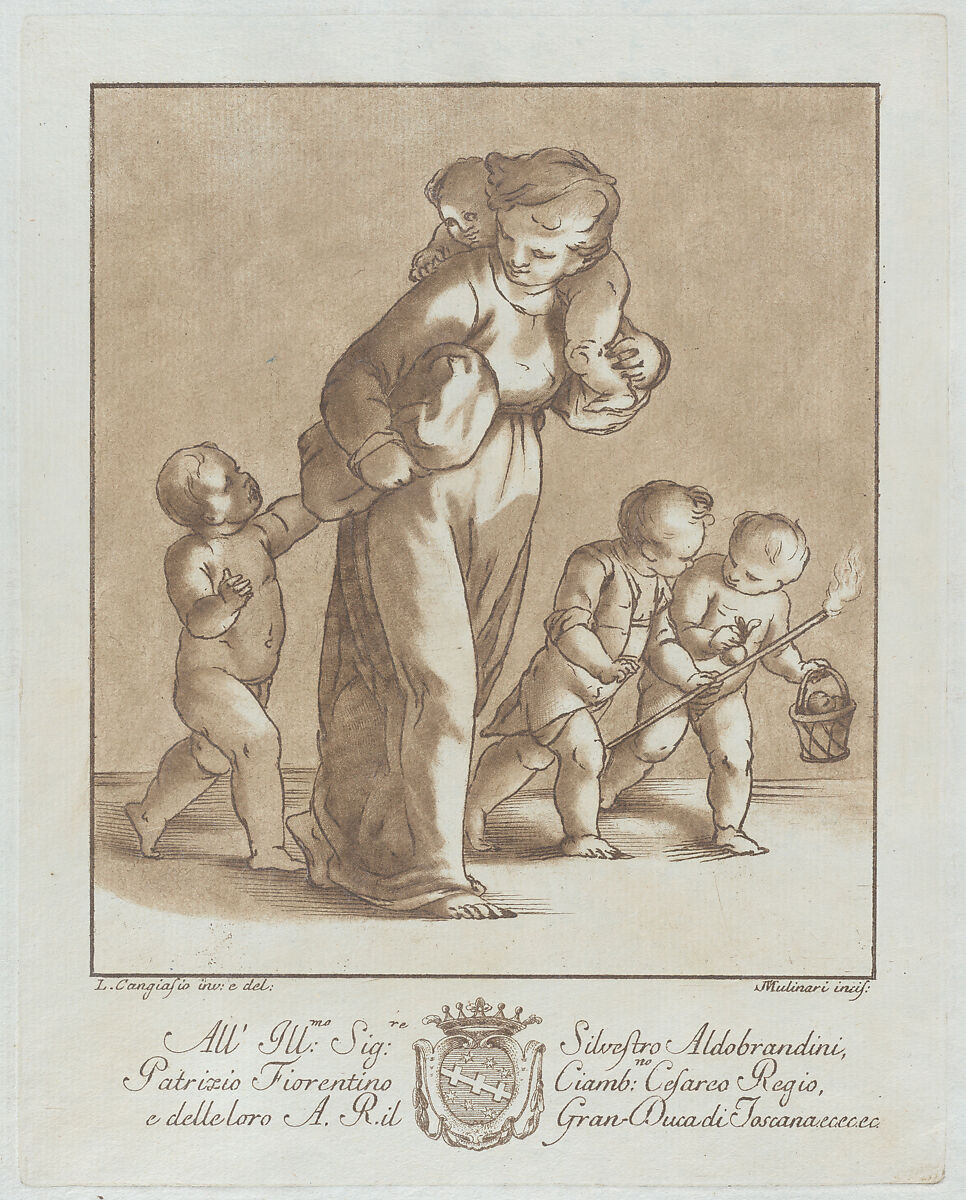A young girl walks towards the left with one infant on her shoulder and holding another small child's hand, while two children walk at right with a torch and a basket, Stefano Mulinari (Italian, Florence ca. 1741–90), Etching with brown wash on light blue laid paper 