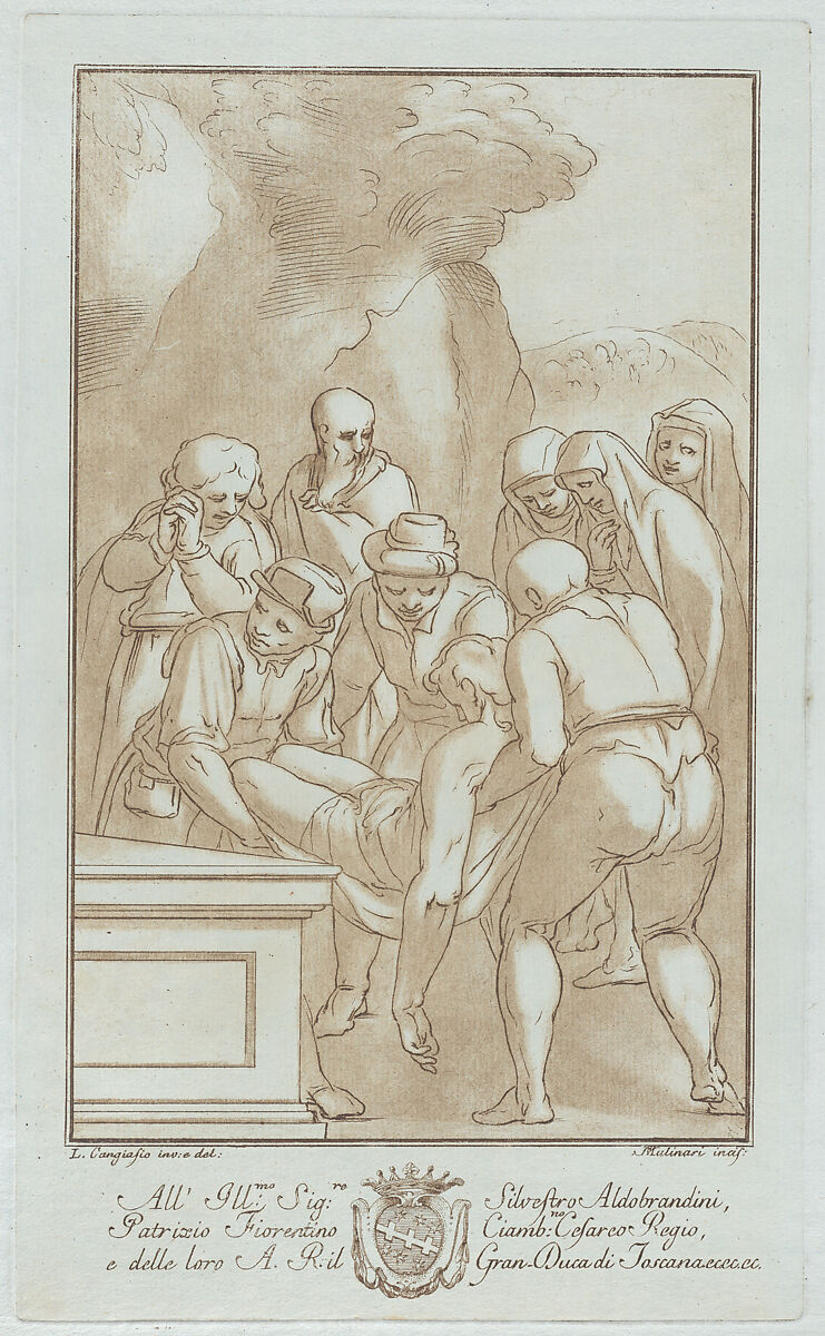 The Entombment, Stefano Mulinari (Italian, Florence ca. 1741–90), Etching with brown wash on light blue laid paper 