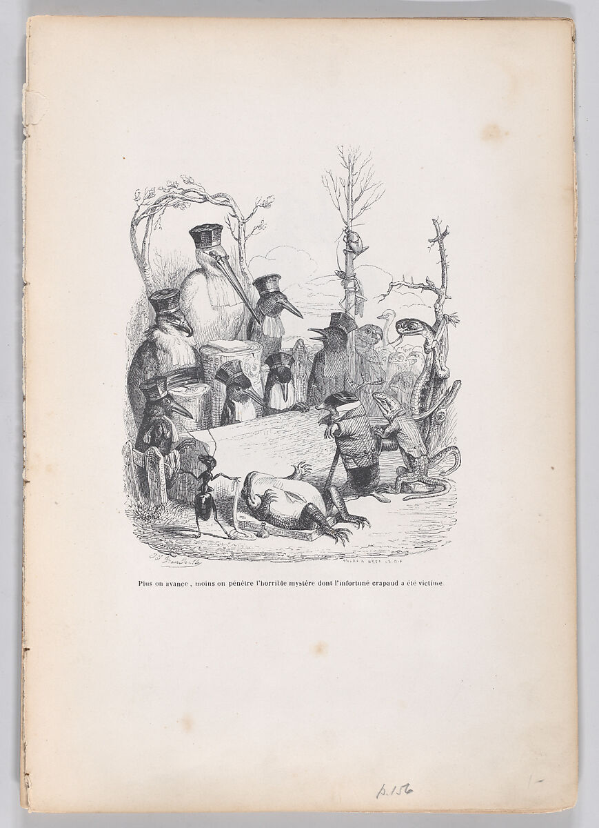 The further we go, the less we penetrate the horrible mystery of which the unfortunate toad was a victim, from "Scenes from the Private and Public Life of Animals", J. J. Grandville (French, Nancy 1803–1847 Vanves), Wood engraving 